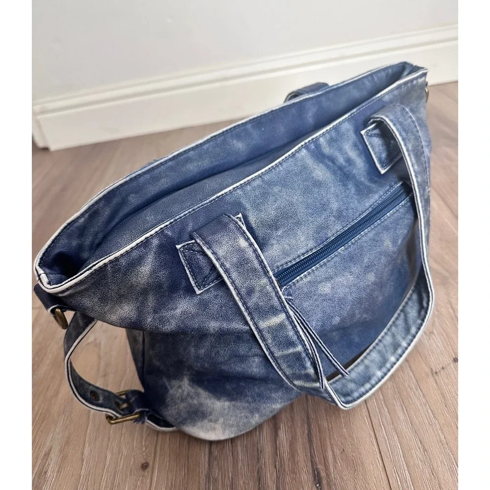 Montana West Blue Distressed Vegan Leather Shoulder Bag Western Tote Boho